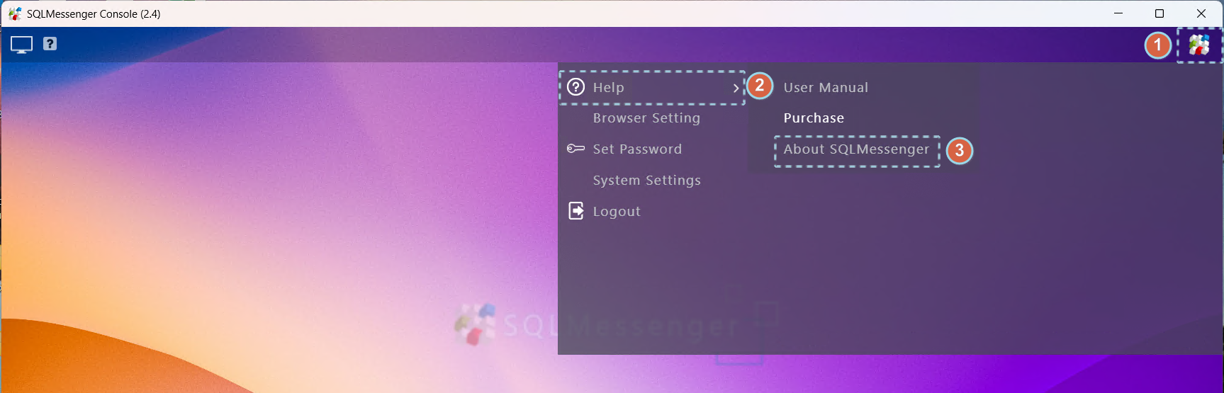 Open the "About SQLMessenger" dialog in the SQLMessenger Console