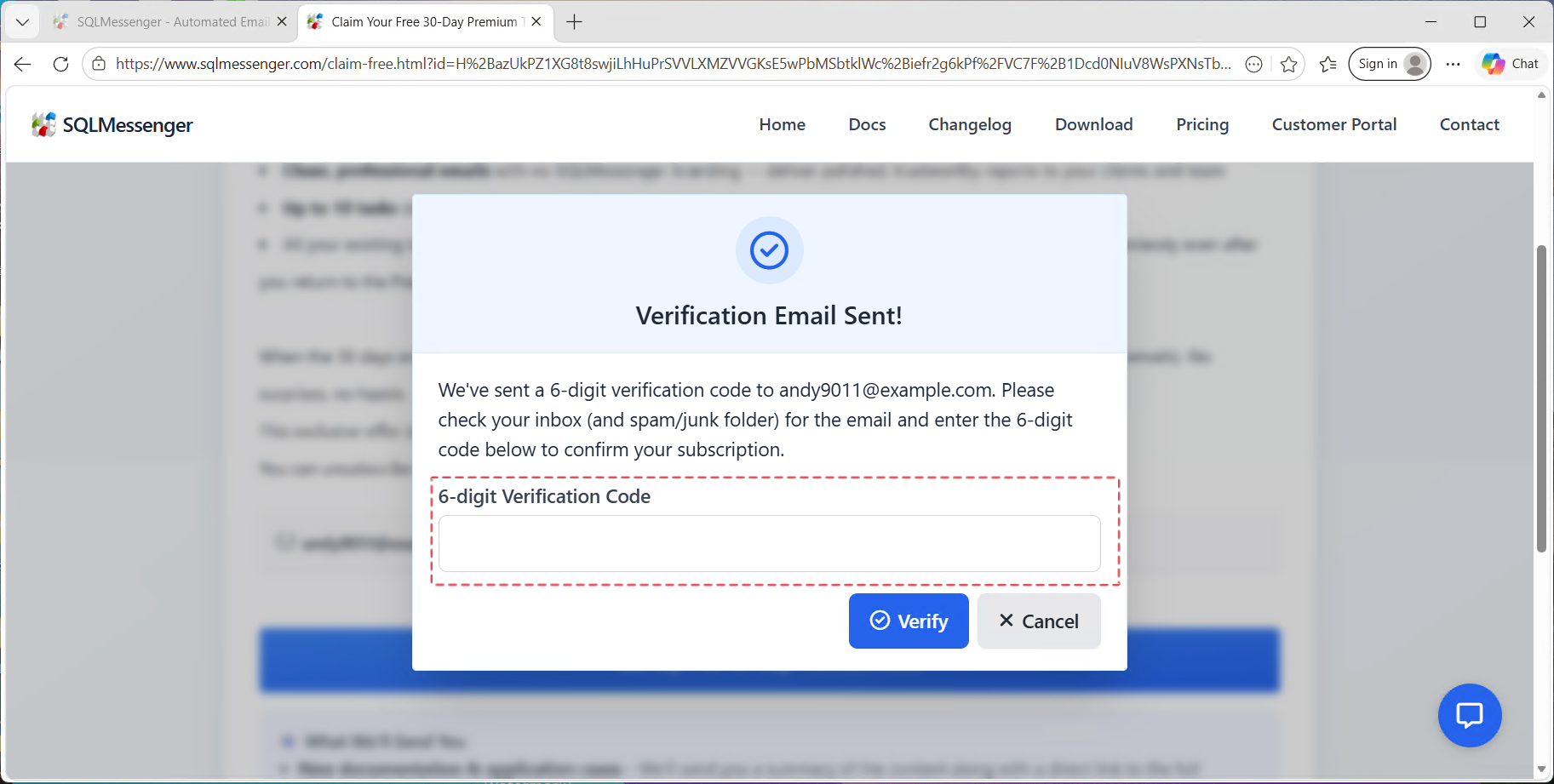 Enter the numeric verification code you received to complete your subscription
