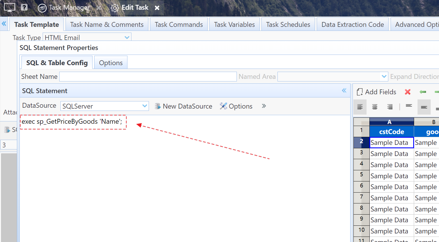 Enter a statement to call the stored procedure