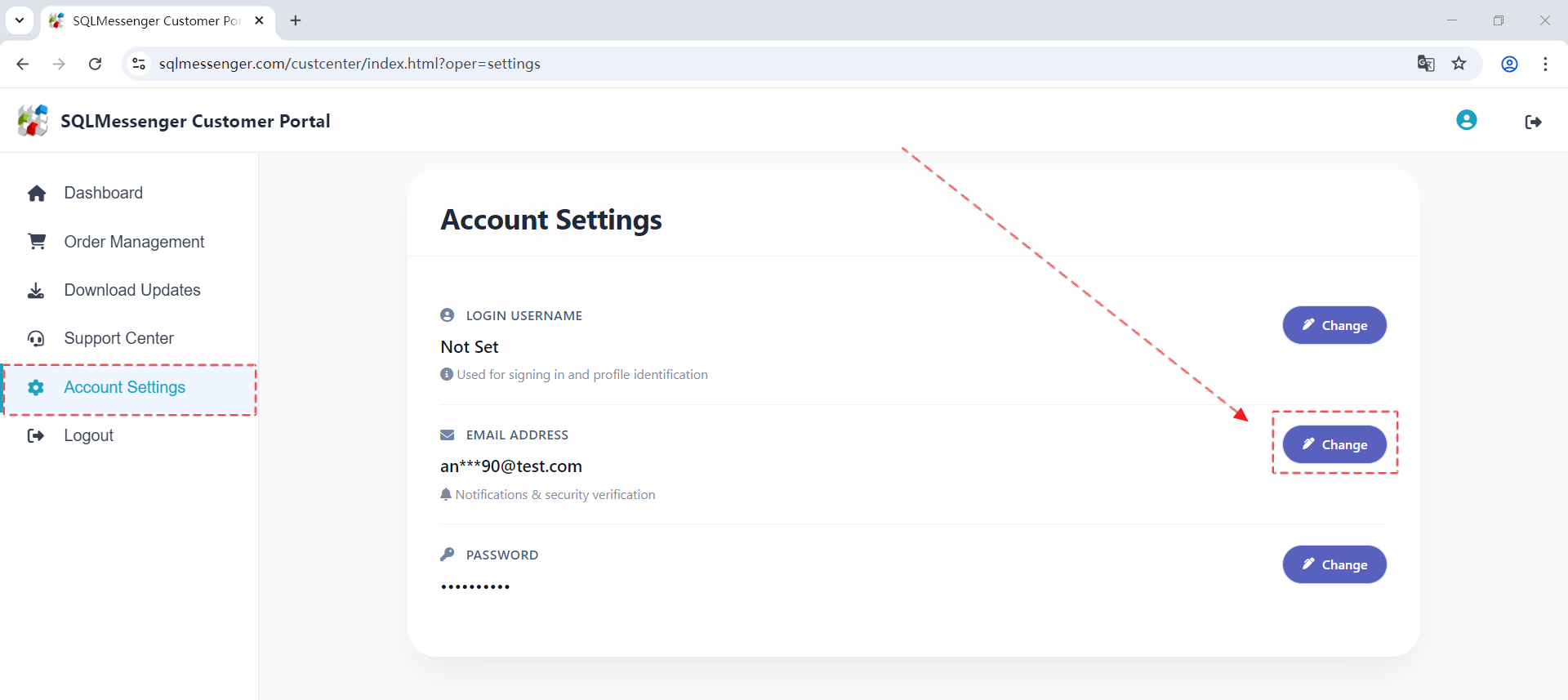 Set email in the SQLMessenger Customer Portal