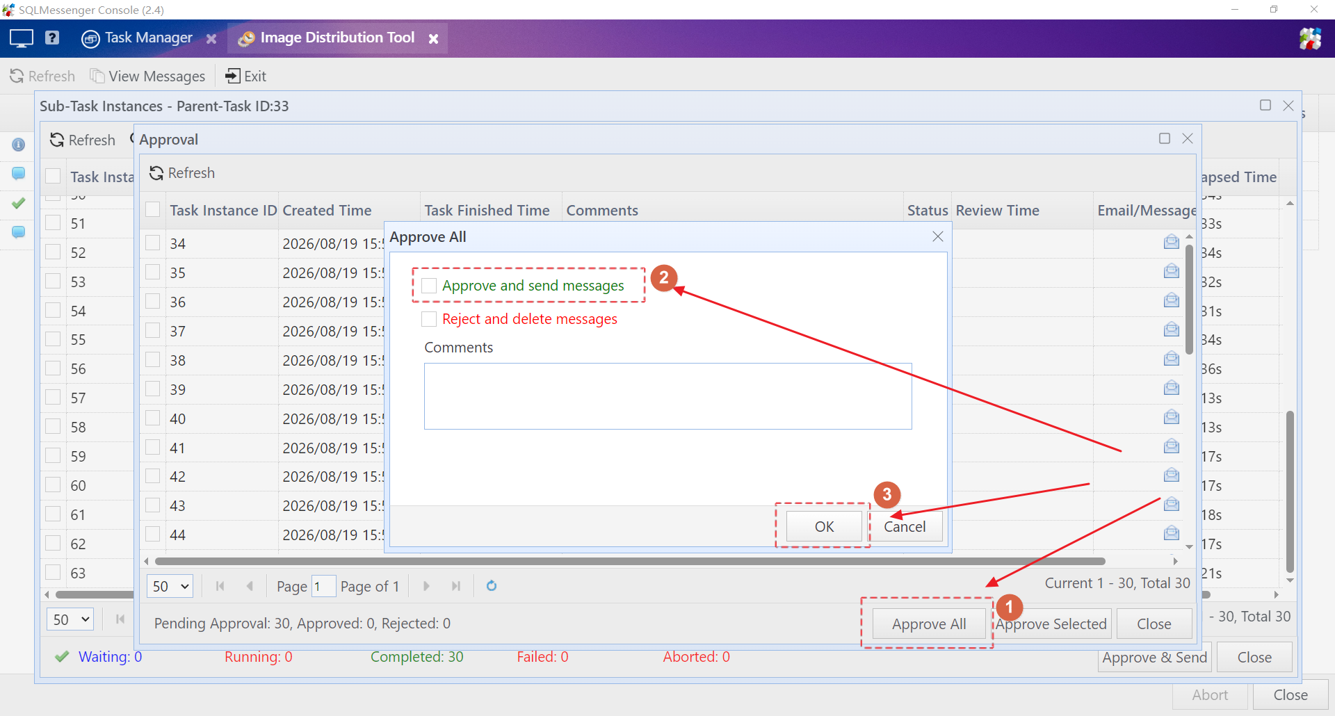 Check Approve and send messages and click OK