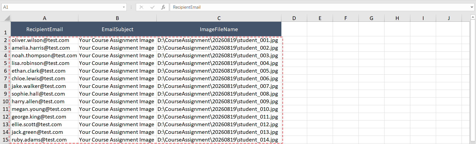 Fill recipient email addresses, email subjects and target image filenames into Image_Distribution_List.xlsx