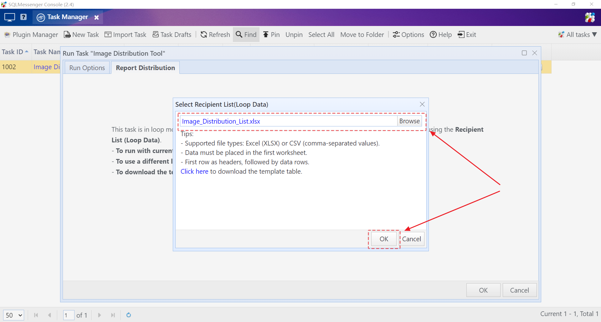 Select the completed recipient?list spreadsheet from Step 1 and click OK