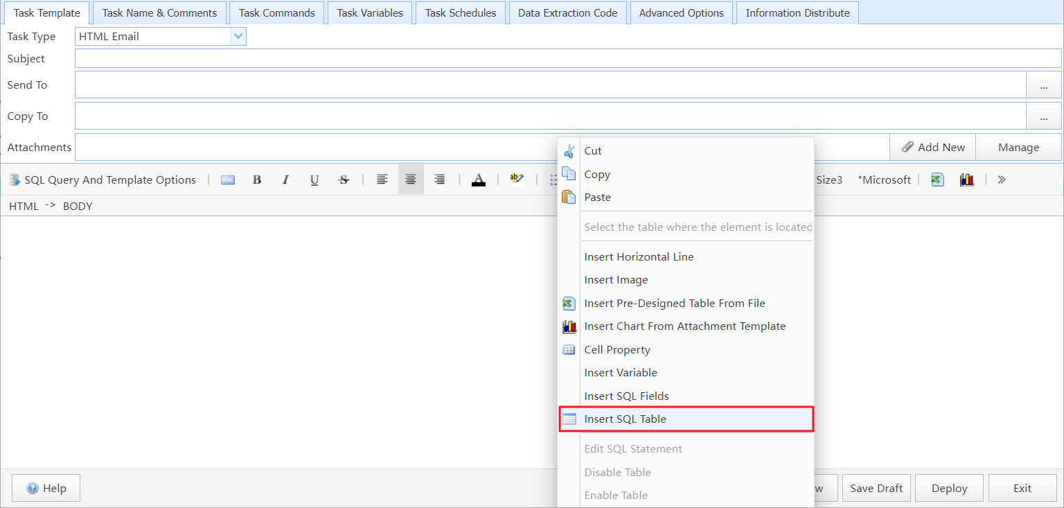 Click the "Insert SQL Table" menu item in the context menu of the body template