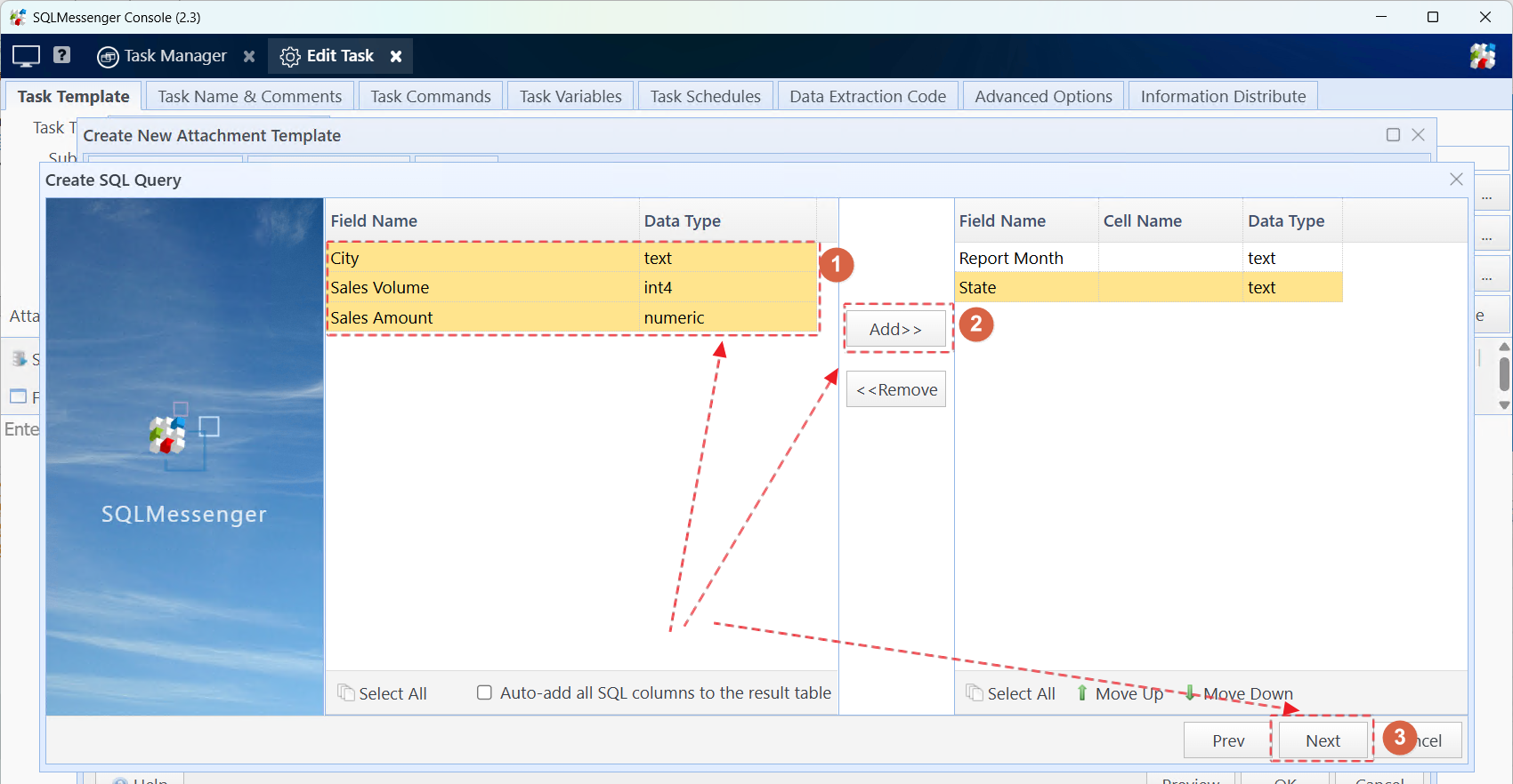 Select and add fields to the table