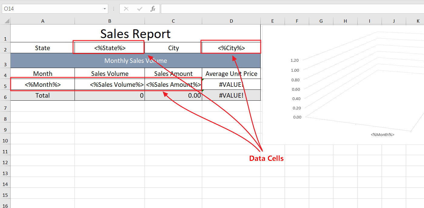 Create an Excel template and insert Data Cell markers in the target cells