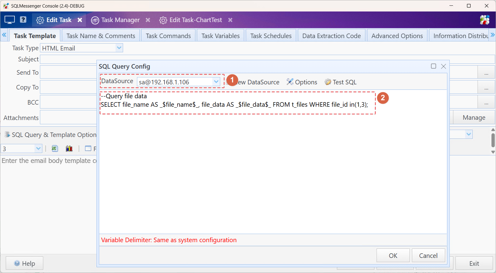 Select the data source and enter the query statement