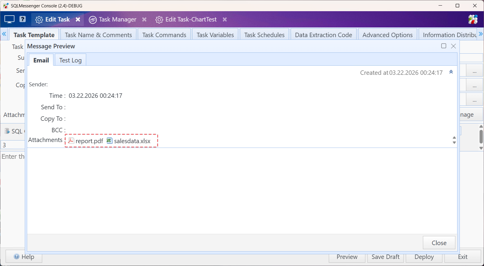 After the task runs, the queried data are added as attachments