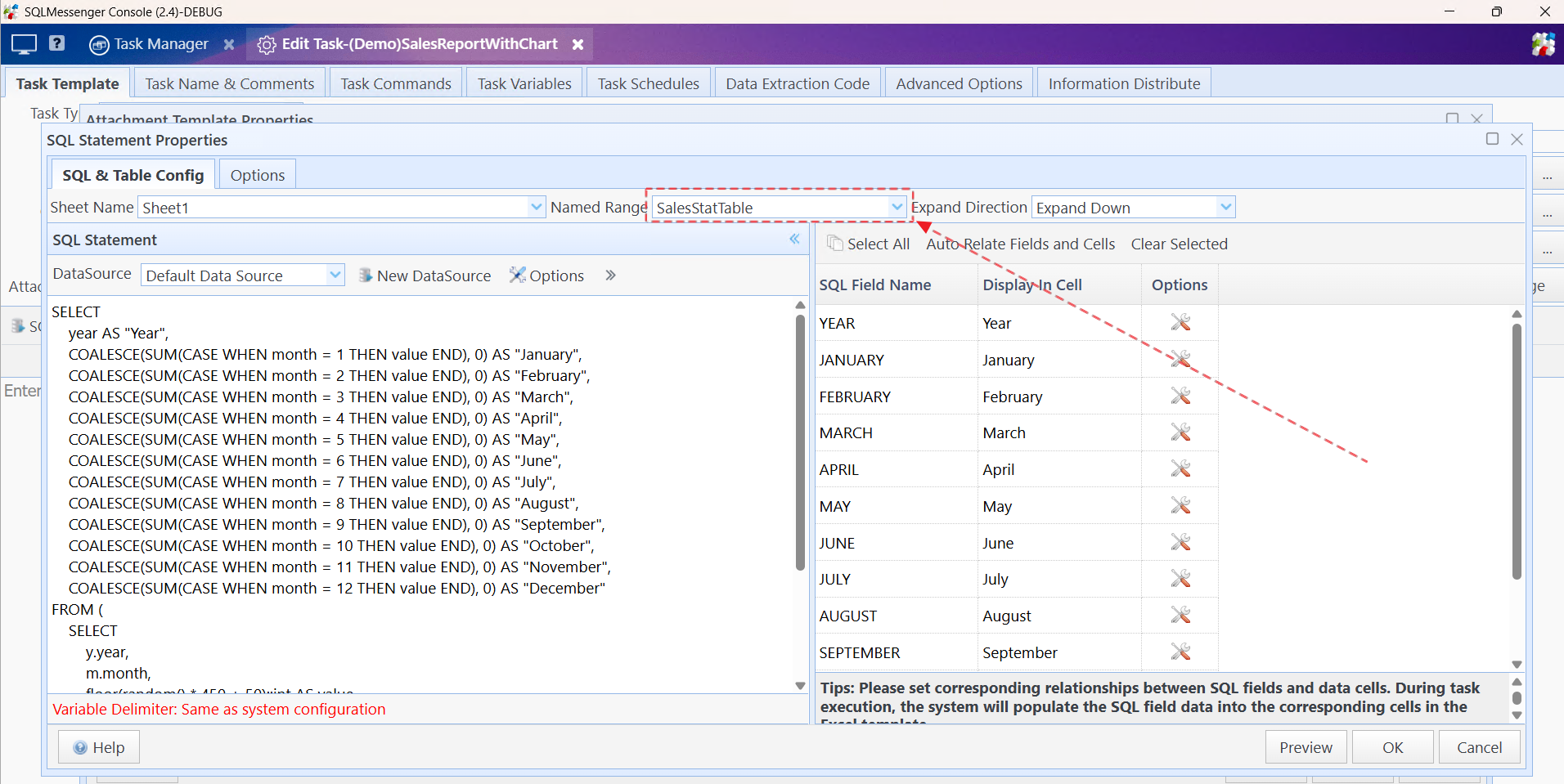 Select the corresponding named range for the SQL query