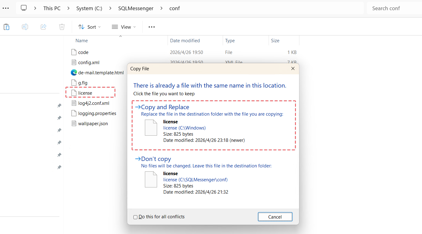 Copy the New License File to the conf Folder