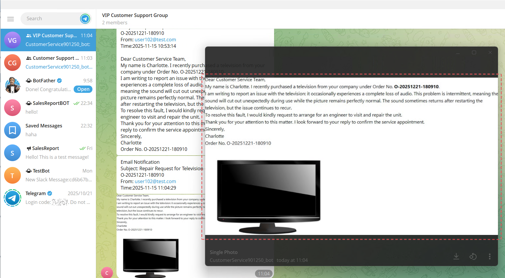 SQLTelebot converted the email body into an image and sent it to Telegram