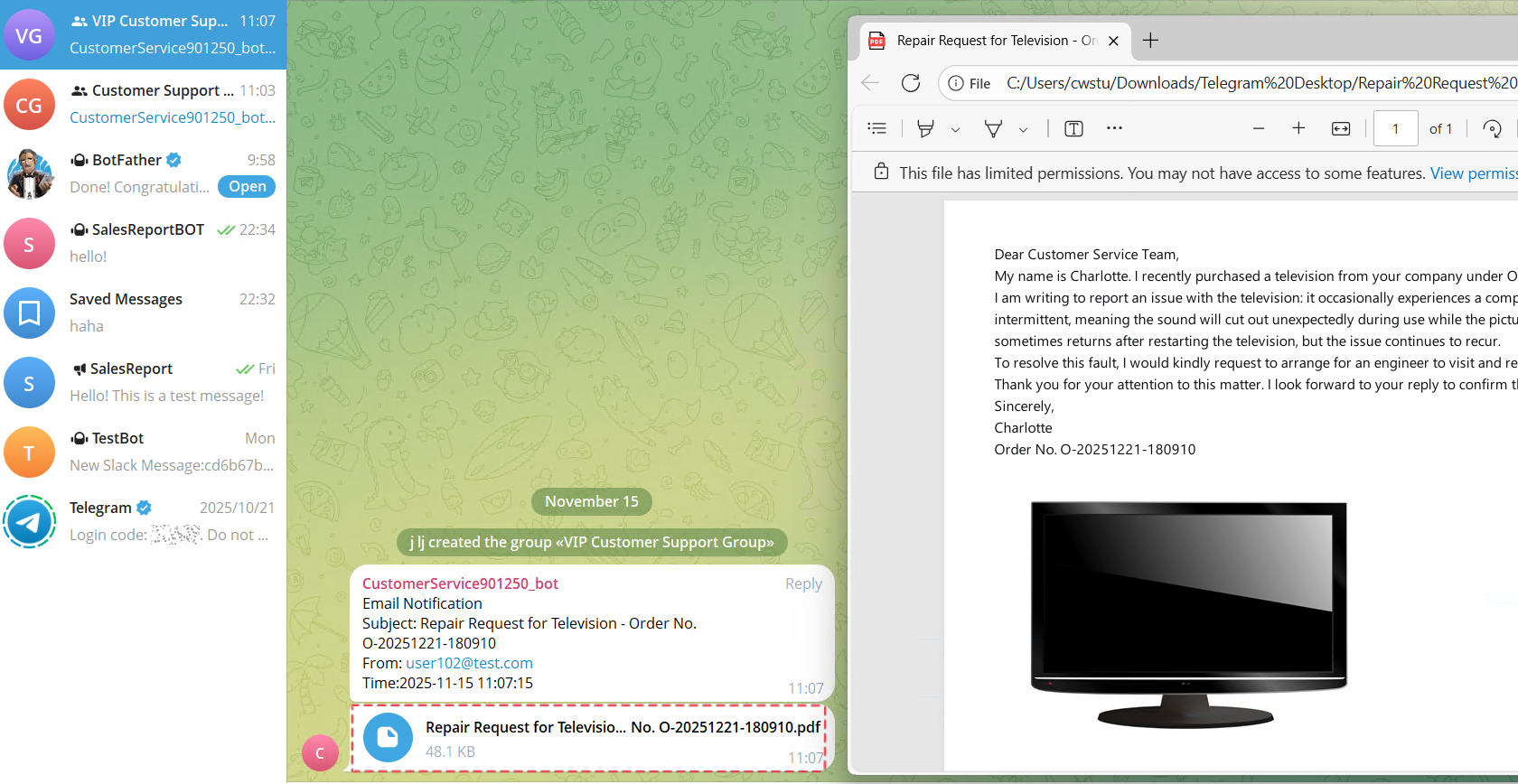 SQLTelebot converted the email body into a PDF and sent it to Telegram