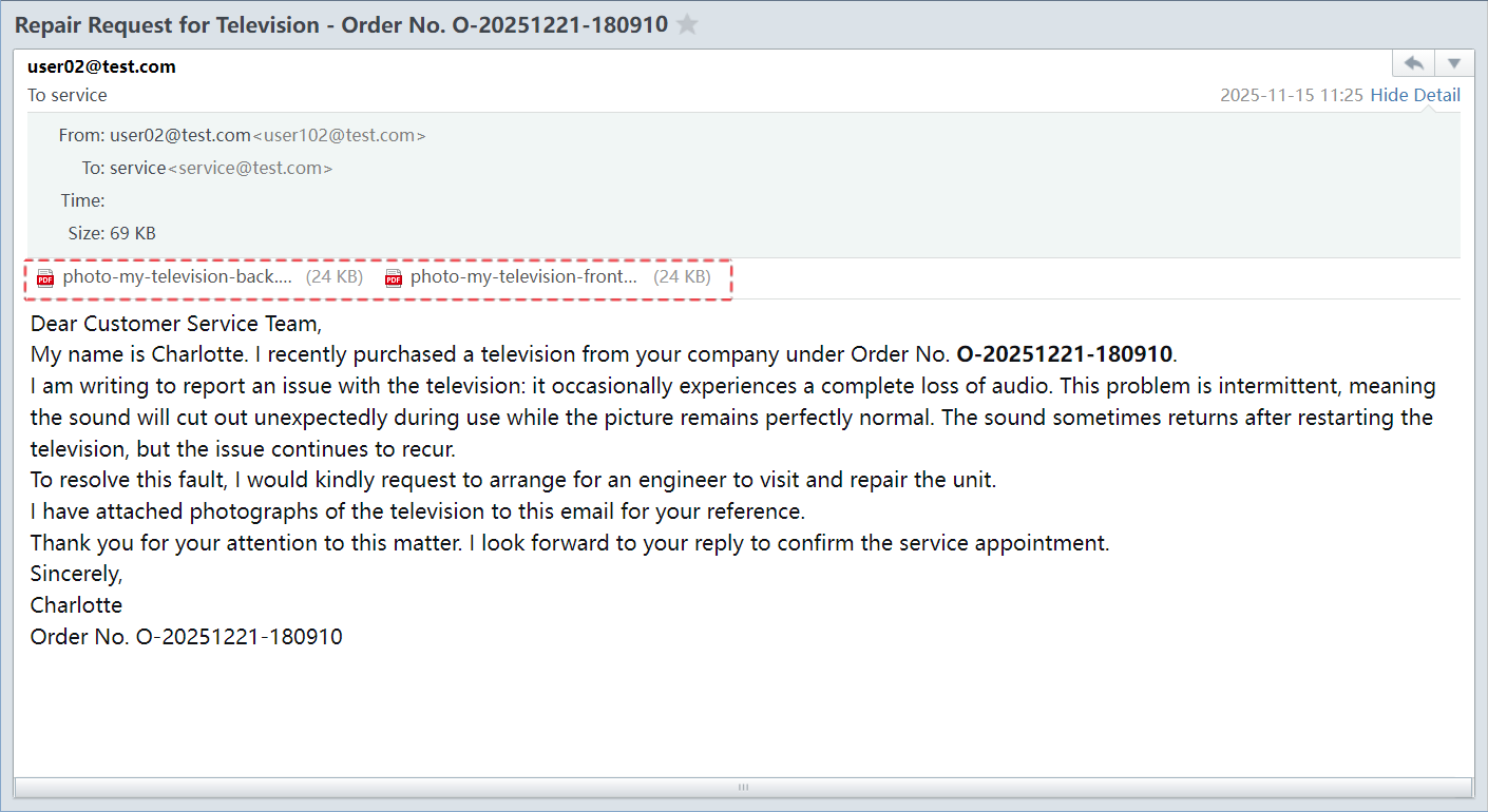 Email with attachments sent by the customer