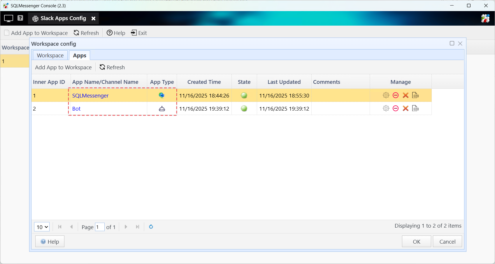Configure two Slack bots in SQLMessenger