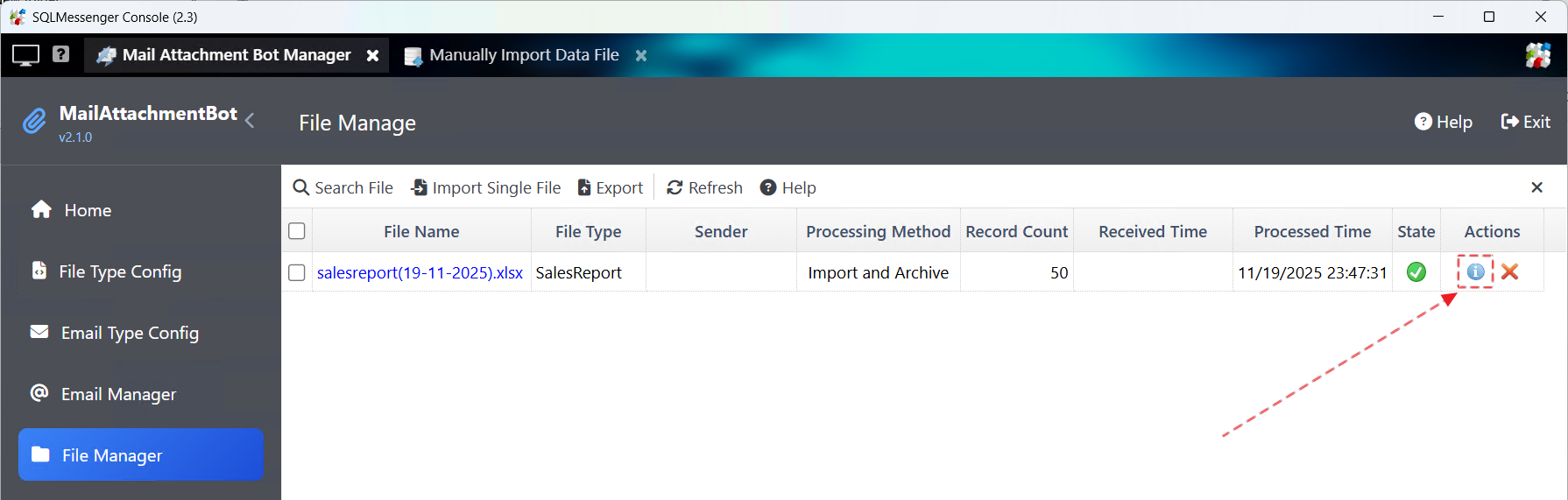 Clicking the View File Info button displays the file’s data