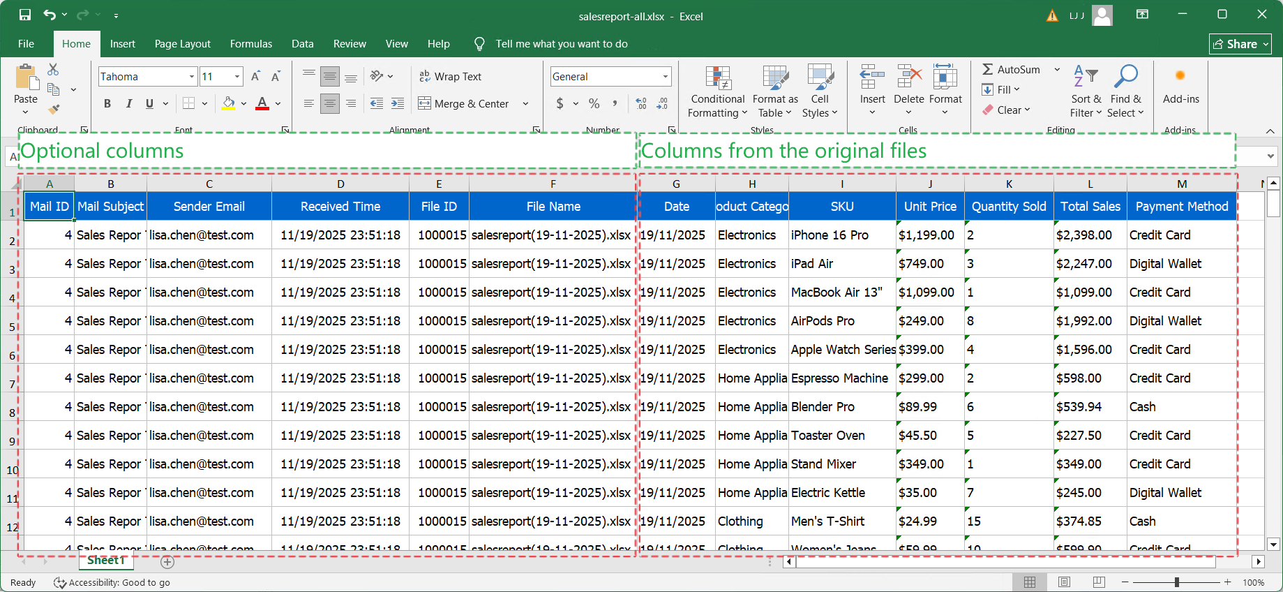 The exported Excel file