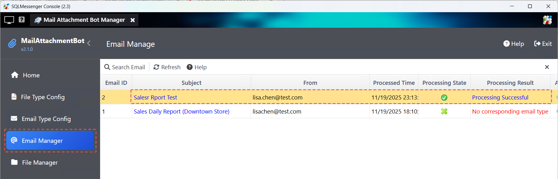 Processed emails are displayed in the Email Manager