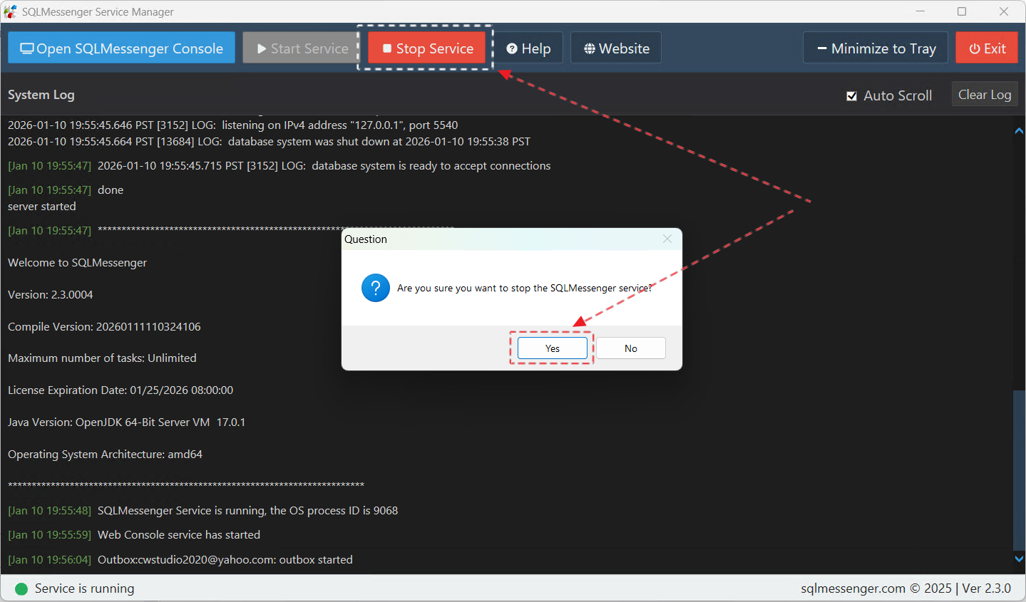 Exit Service Manager and Stop SQLMessenger Service