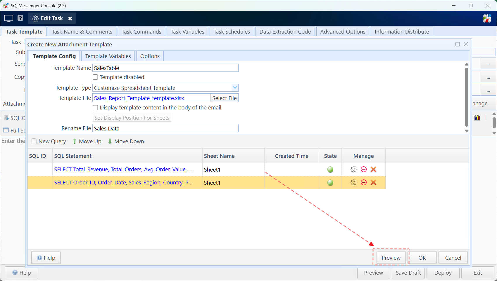 Click "Preview" to view the running effect of the template
