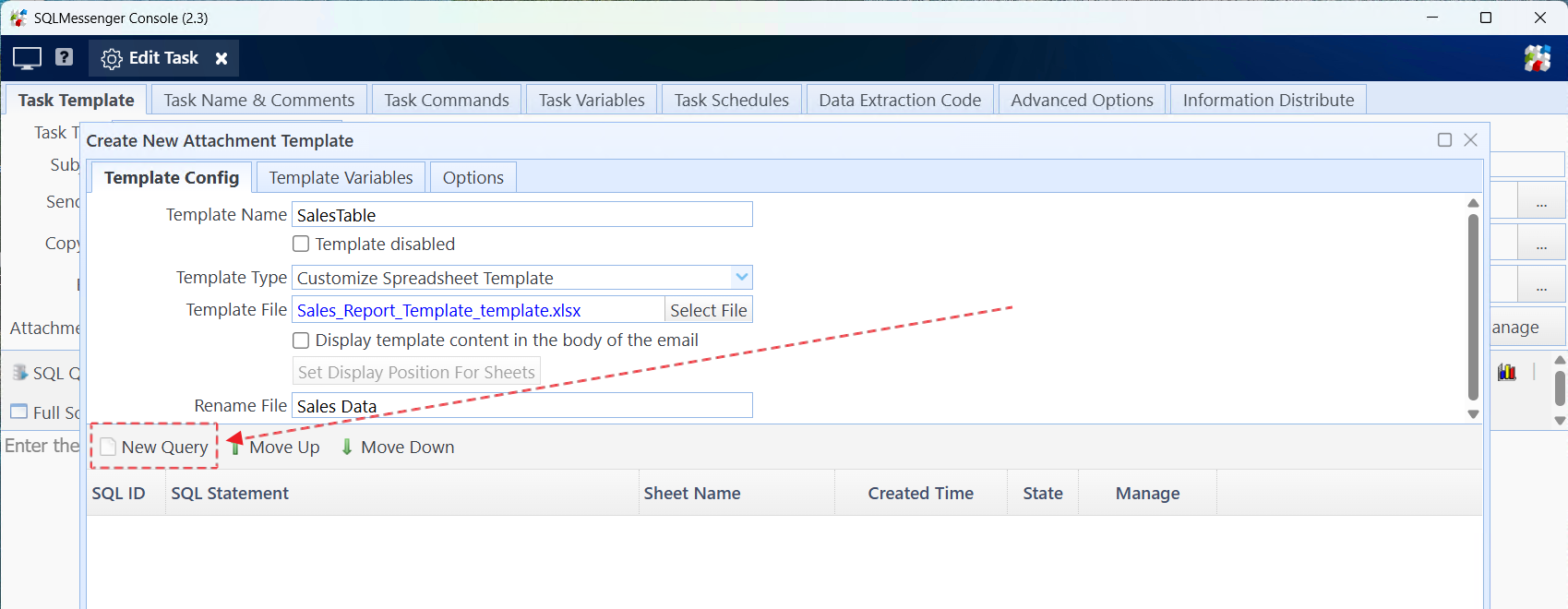 Click the "New Query" button to add the first query statement to the template