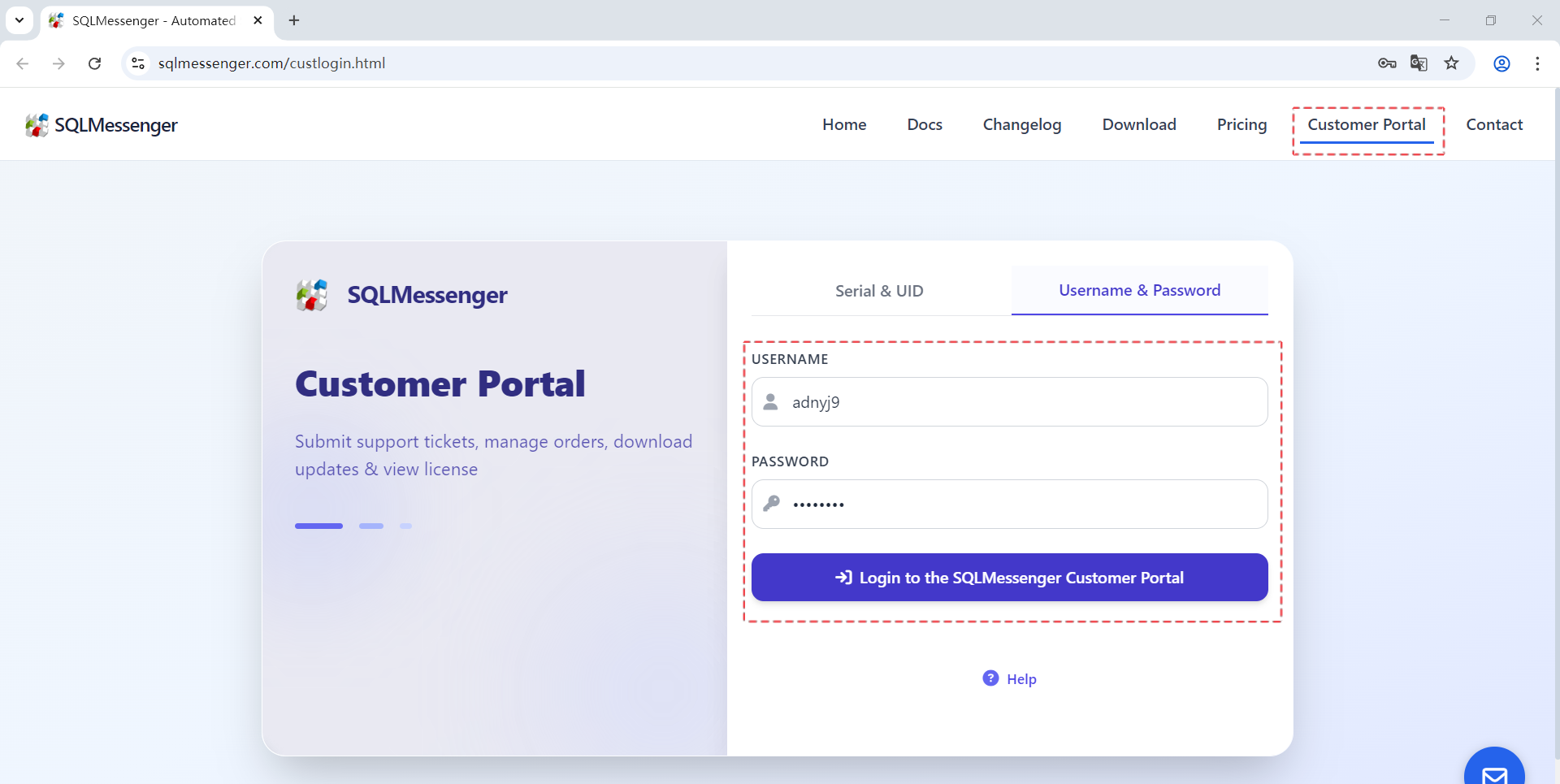 Log in to SQLMessenger Customer Portal