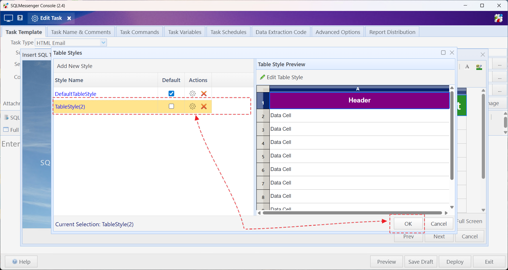 Select a table style to use, then click "OK"