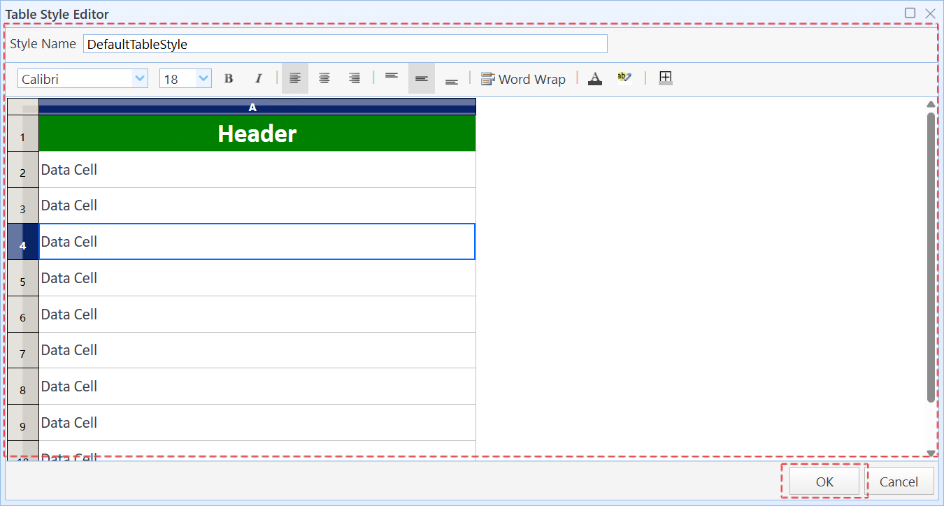 Set the table style in the "Table Style Editor" dialog box, then click "OK"