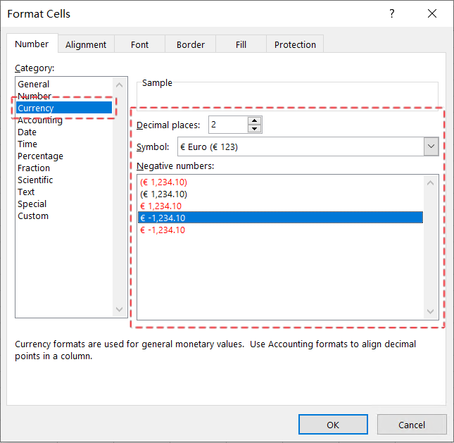 Select a data type and configure formatting in the Format Cells dialog